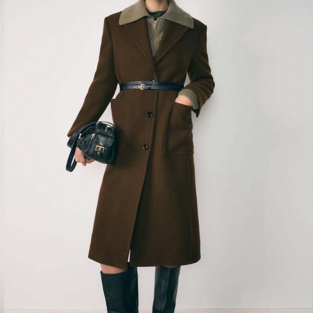 Mango Premium Selection Virgin Italian Wool Khaki Coat with Pockets